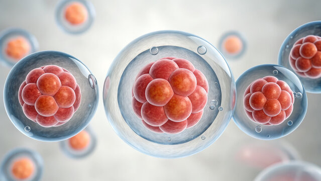 IVF and Embryo concept ,Embryo development stages with multiple cells inside transparent spheres showing early growth process