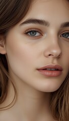 Fototapeta premium Close-up portrait of a young woman with clear skin, light blue eyes, and natural makeup.