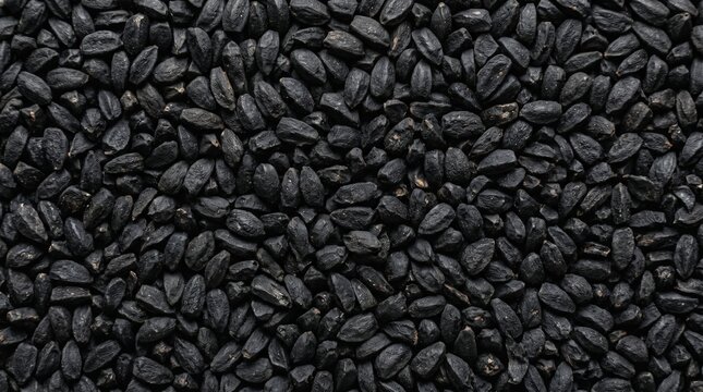 Abundant pile of organic nigella sativa black cumin seeds featuring rich dark textures and natural grain surface details for culinary and medicinal ingredient uses