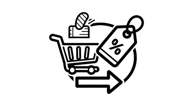 Online Shopping Discount Sale Concept - Shopping Cart with Tag and Arrow Icon