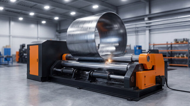 Close-up of a powerful metal bending machine forming a large steel sheet into a cylinder in a modern factory setting