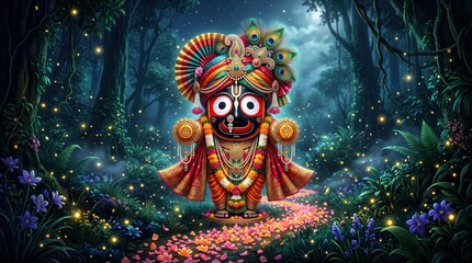 Fototapeta premium Lord jagannath idol decorated with vibrant flowers and peacock feathers in a magical enchanted forest setting