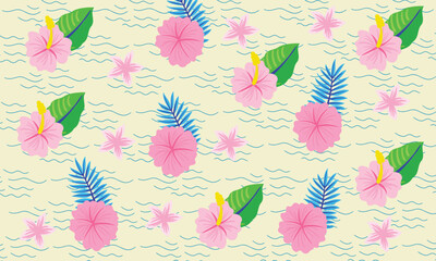 Vibrant tropical pattern with pink hibiscus flowers and palm leaves floating on wavy water in a bright cheerful flat illustration. © AKANDA