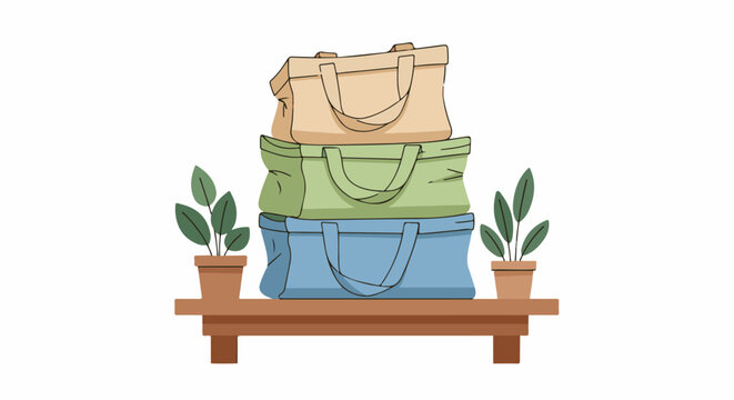 Stack of three colorful tote bags on a wooden shelf with potted plants