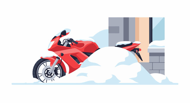 Red motorcycle partially buried in snow near a building