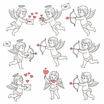 Set of nine hand-drawn cupid illustrations for Valentine's Day featuring cherubs with bows, arrows, and love letters. Black line art style with pink heart accents on a white background.