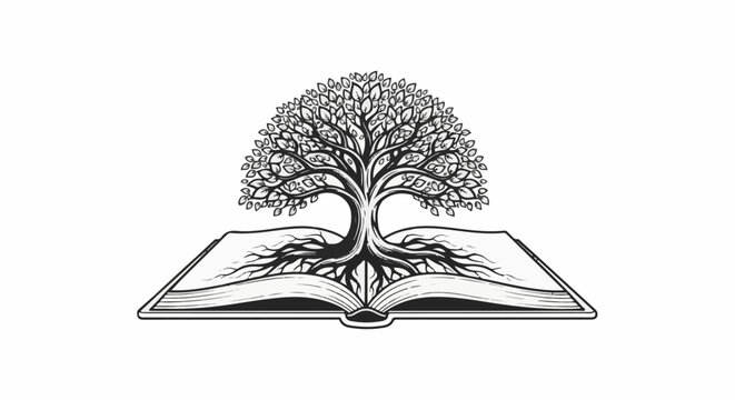 Ornate tree with roots growing from an open book, black and white illustration