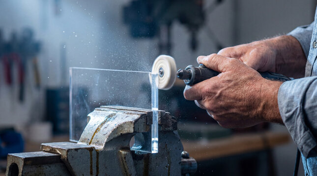 Close-up of hands polishing an acrylic sheet with a rotary tool. Precision craftsmanship and fine detail work in workshop