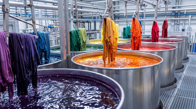Vibrant fabric dyeing process in a modern textile factory. Colorful clothes are submerged in large dyeing vats, showcasing industrial production