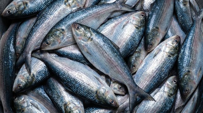 Fresh raw herring fish pile displayed together in a market catching natural light highlighting the shiny scales and detailed texture of the silver marine life