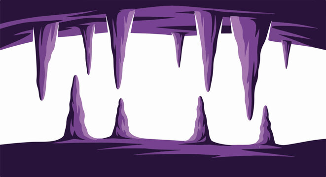 Stylized cave interior with jagged purple stalactites and stalagmites