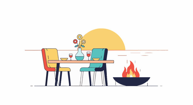 Outdoor dining table set with flower vase, wine glasses, and a fire pit