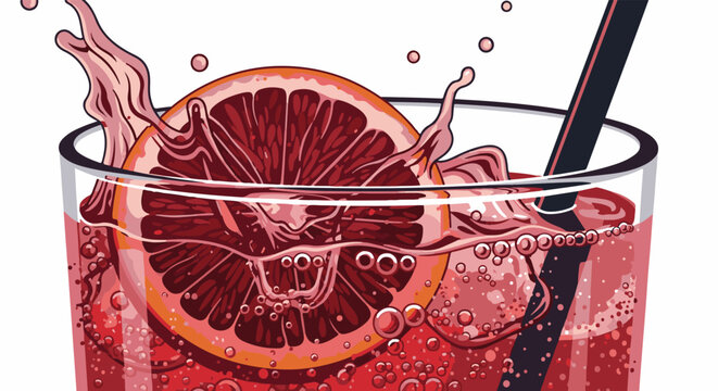 Refreshing ruby red citrus drink with ice, straw, and splash
