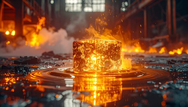 A perfectly sculpted ice cube melting into a glowing pool of molten gold inside a dark industrial foundry, cinematic landscape format banner.
