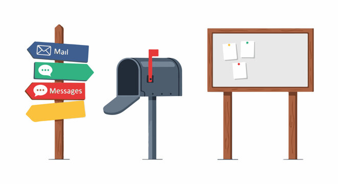 Signpost with mail, chat, and message directions, beside a mailbox and notice board