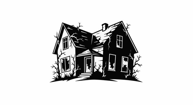Silhouette of a dilapidated, haunted house with broken windows and bare trees