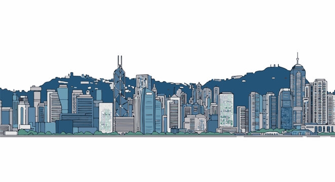 Stylized cityscape with varied height buildings and distant hills