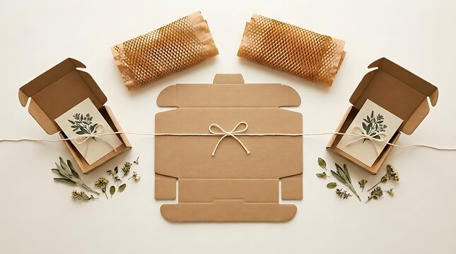 Sustainable kraft packaging kit featuring cardboard boxes honeycomb cushioning wrap and botanical greeting cards tied with twine string on a cream surface for eco-friendly shipping needs.