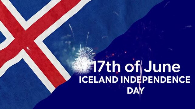 Iceland Independence Day 17 June Celebration Banner with National Flag and Fireworks Background