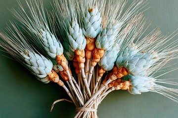 Obraz premium A bundle of mature wheat stalks arranged in a loose fan against a dark green surface for agricultural branding, autumnal decoration and rustic food