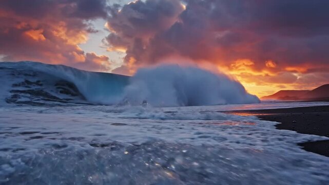 Cinematic view of a massive breaking wave with prismatic light effects on a volcanic black sand beach at sunset, featuring a dramatic sky with golden orange and purple clouds.
