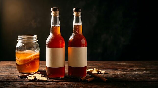 Two bottles of craft organic fermented kombucha drink with blank labels standing next to a glass jar containing active scoby culture on a rustic wooden table in dark moody lighting.