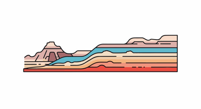 Stylized cross-section of sedimentary rock layers and a river