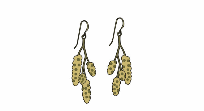 Stylized dangling earrings designed to resemble branches with clusters of oval-shaped fruit