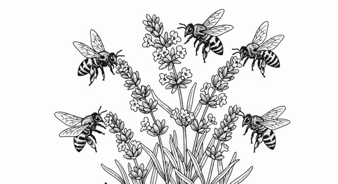 Six detailed bees pollinate blooming lavender flowers in a botanical illustration
