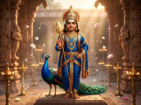 Divine portrait of Lord Subrahmanya Kartikeya standing gracefully with sacred Vel spear decorated in ancient golden details majestic peacock with shimmering sapphire and emerald feathers positioned be