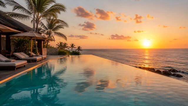 Stunning infinity pool at a tropical resort overlooking the ocean during a vibrant sunset with palm trees and lounge chairs.
