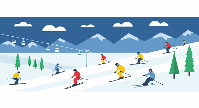Skiers descend snowy mountain slopes with ski lifts and trees