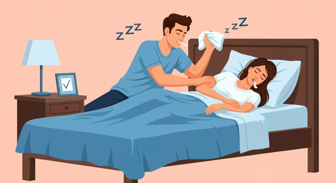 A vector illustration showing a man in a blue t-shirt trying to wake up a sleeping woman in a bedroom. Both characters are snoring with zzz symbols and drool on their faces.