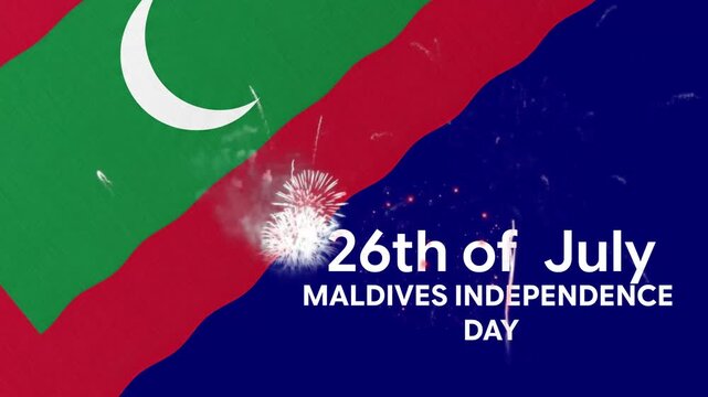 26th of July Maldives Independence Day Celebration Motion Background with Flag Ribbon, Fireworks and Elegant Typographic Poster Design Animation