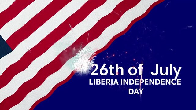Liberia Independence Day 26th of July Celebration Banner with Waving National Flag and Radiant Light Burst | Patriotic Red White Blue Cinematic Background Animation