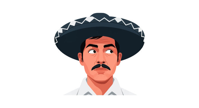 Vector illustration of a middle-aged Mexican man with a mustache wearing a traditional dark sombrero with geometric patterns and a white collared shirt, glancing to the side.