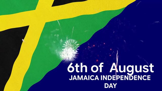 Jamaica Independence Day 6th August Celebration Animation Background with Jamaican Flag Colors, Fireworks Sky and Festive Motion Graphics Template