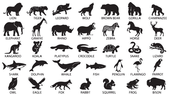 Black animal silhouettes collection, set of 35 wild animal icons with labels, zoo and safari wildlife vector illustrations on white background