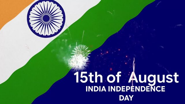 Happy India Independence Day 15th August Celebration Animated Background with Tricolor Flag Waves, Ashoka Chakra and Fireworks Festive Motion Design