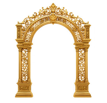 Ornate golden architectural arch with intricate carvings as cut out PNG isolated on transparent background
