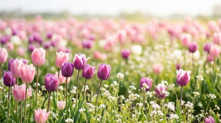 Obraz premium Vibrant Field of Pink and Purple Tulips Blooming Under Sunlight.