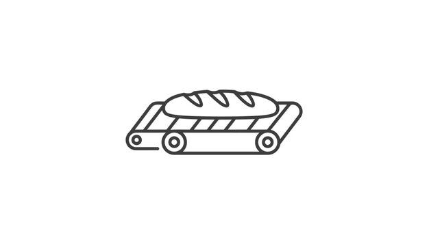 Fresh loaf of bread on industrial conveyor belt.