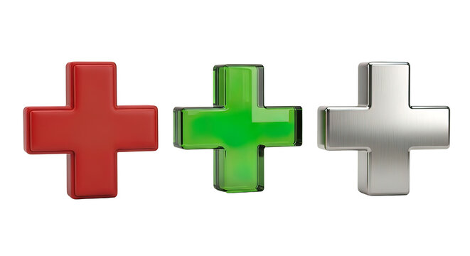 Three 3D Plus Signs in Different Colors.