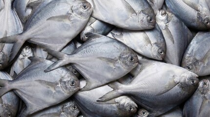 Obraz premium Fresh raw silver pomfret fish arranged in a dense layered pattern for culinary display and seafood market promotion with natural soft lighting and texture