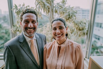 Naklejka premium Adult man and woman smiling in professional attire by a large window for corporate branding, executive portraiture and financial service marketing