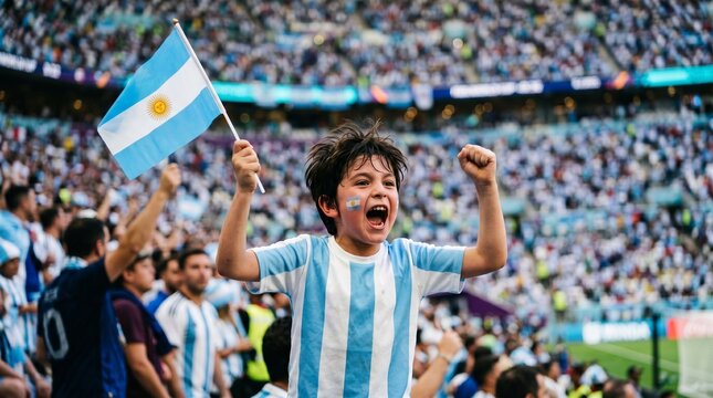 Argentina Football Fan Child Supporting National Team During World Cup Atmosphere