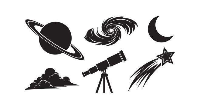 Space and astronomy black silhouettes with saturn galaxy moon clouds telescope and shooting star graphic icons.