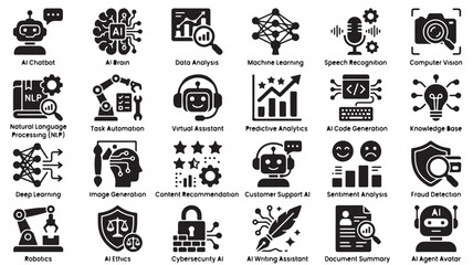 Obraz premium Artificial Intelligence Icons Set, 24 Black Glyph Vector Elements for Machine Learning and AI Technology, Digital Automation and Robotics Graphics