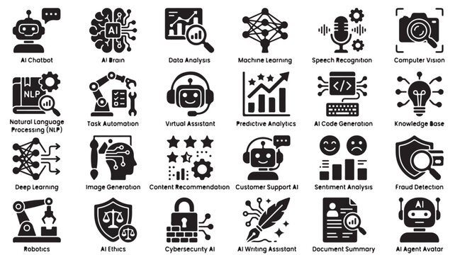 Artificial Intelligence Icons Set, 24 Black Glyph Vector Elements for Machine Learning and AI Technology, Digital Automation and Robotics Graphics