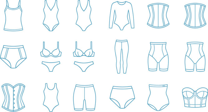 Women Underwear Lingerie and Shapewear Vector Icon Set Featuring Blue Outline Line Art Apparel Elements Including Camisole Swimsuit Corset Bra Briefs and High Waisted Body ShapersWomen Underwear Linge